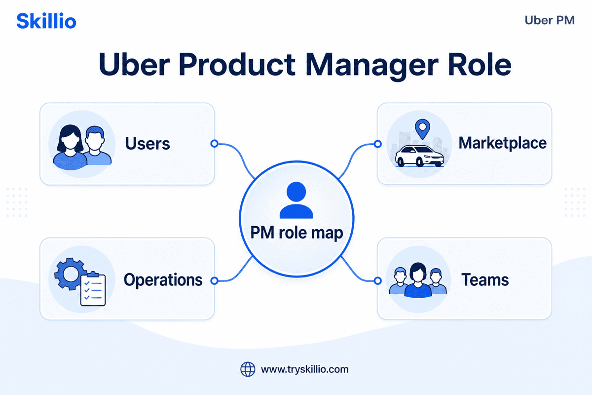 Uber Product Manager Role: Responsibilities, Skills, and Team Fit visual summary covering users, marketplace, operations, teams