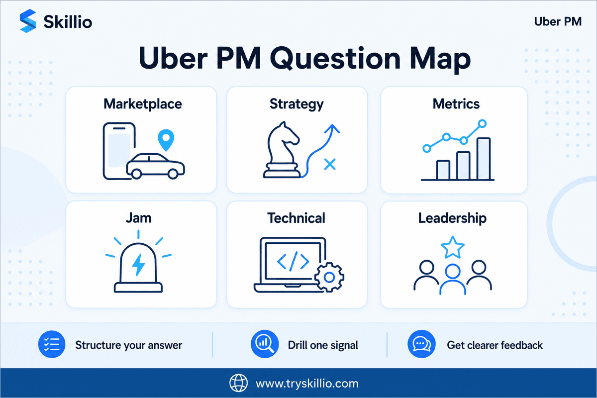 Uber PM interview question categories covering marketplace strategy, product design, metrics, Jam, technical collaboration, and leadership