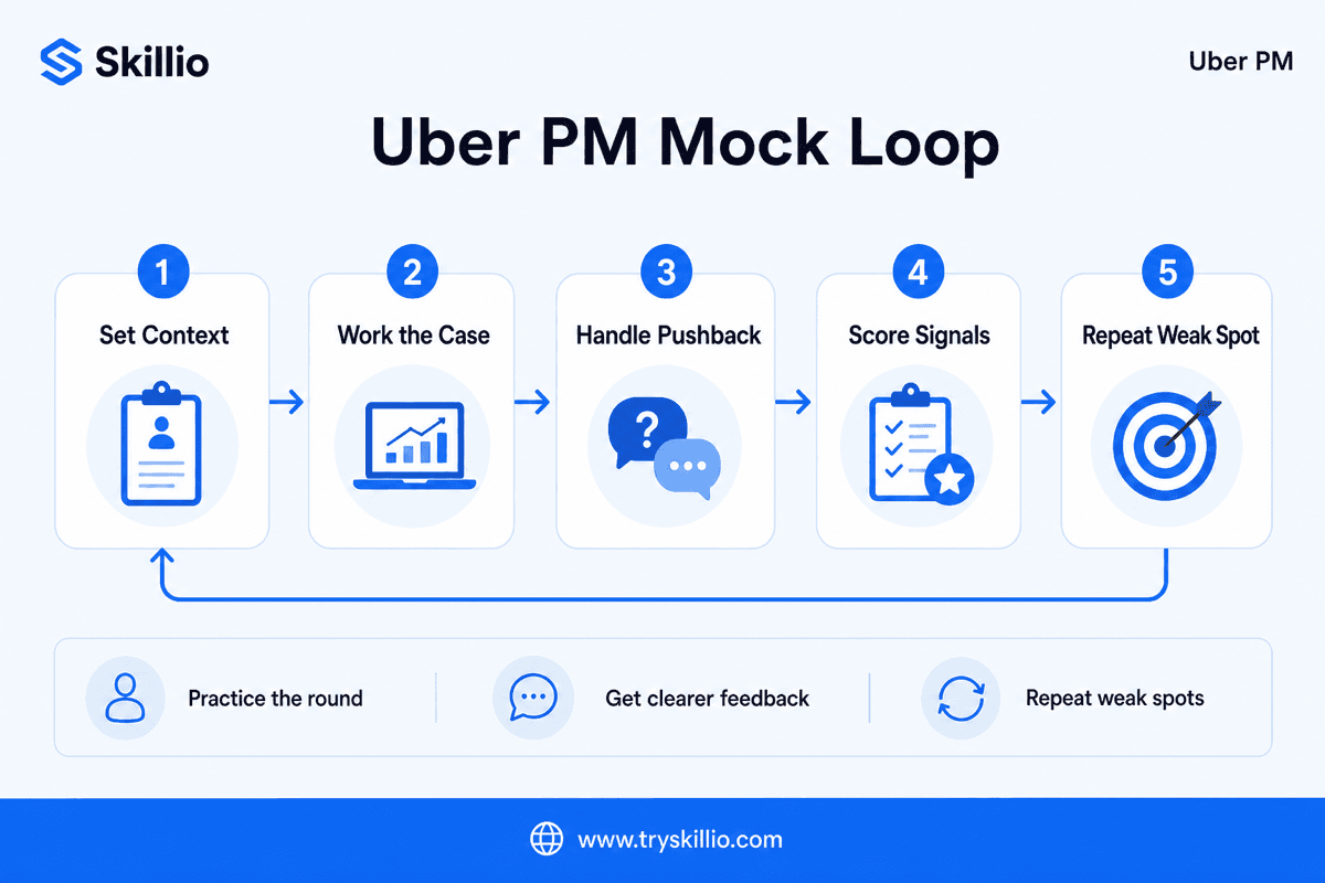Uber PM mock interview loop showing marketplace prompt, structured answer, interviewer pushback, scorecard, and repeat practice